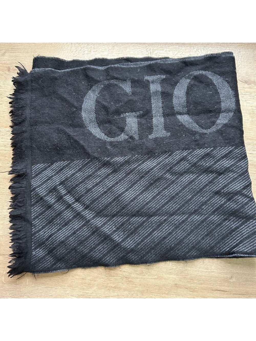 Giorgio Armani Black 100% Wool Logo Rectangle Fringe Scarf